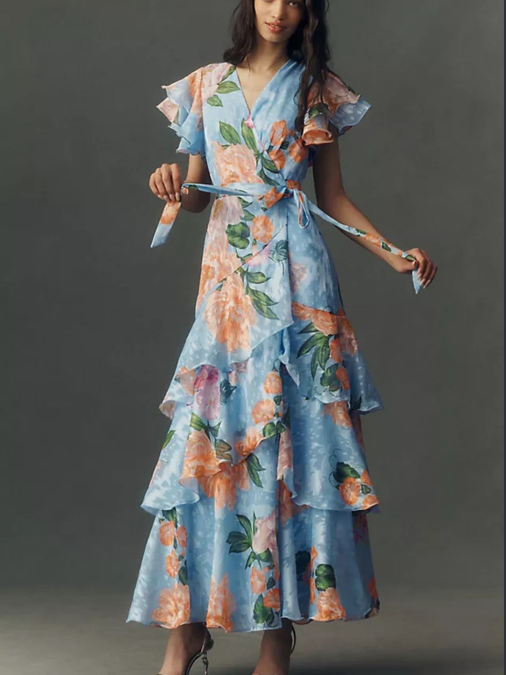 Hutch Rhetta Wrap Dress Large Blue Floral Tiered Ruffle Maxi NWT Anthropologie